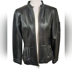 BRADLEY BAYOU Black Leather Jacket Stand-Up Collar And Metal Accents. Size XS